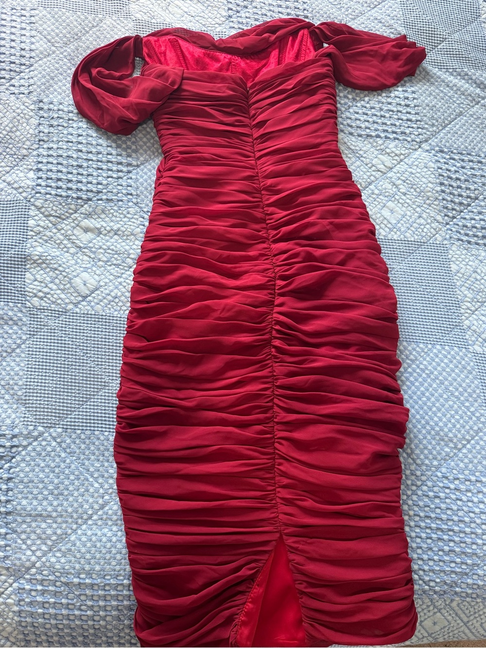 House of CB Red Off-Shoulder Ruched Midi Dress - Picture 3 of 6